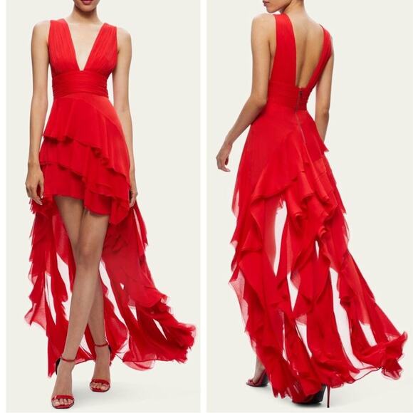 Alice + Olivia Bright Ruby Red Holly Asymmetric Ruffle Maxi Dress Size 2 - Picture 2 of 10